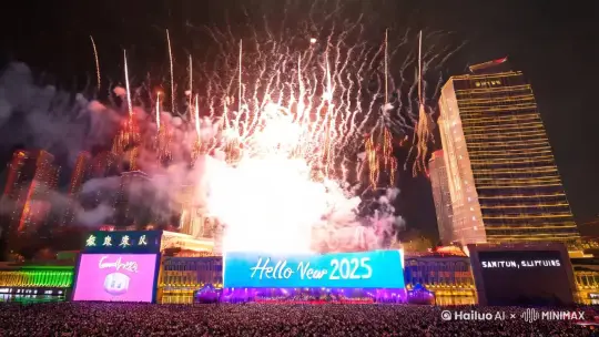 镜头从俯视全局慢慢下降到平视，远方出现，烟花内容：2024再见，2025你好；2秒后烟花内容：新年快乐；地点：北京三里屯人群欢呼等零点迎接新年钟声敲响。四周高楼大厦外立面LED屏两块，一块显示 2024再见，另一块显示2025您好，背景燃放烟花 by Hailuo AI Video Generator