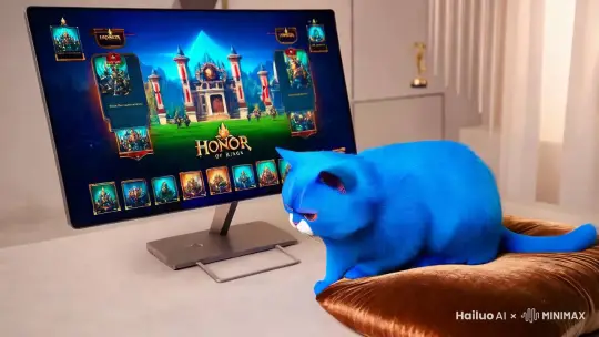 蓝色的胖猫人玩王者荣耀崩溃了一圈打穿电脑 by Hailuo AI Video Generator