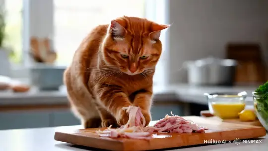 一只橘猫在做鱼香肉丝 by Hailuo AI Video Generator