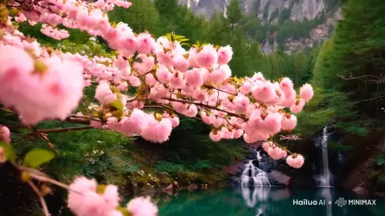 鸟语花香的山林，一片桃花林，瀑布下面清澈的潭水，美女在潭水中回眸一笑 by Hailuo AI Video Generator