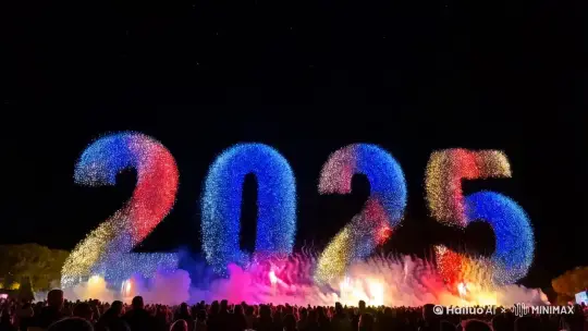 夜空中绽放的烟花组成了2025的字样，节日气氛浓郁 by Hailuo AI Video Generator
