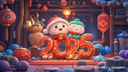 在全黑的背景里，两个卡通小孩在舞动旋转身体 by Hailuo AI Video Generator