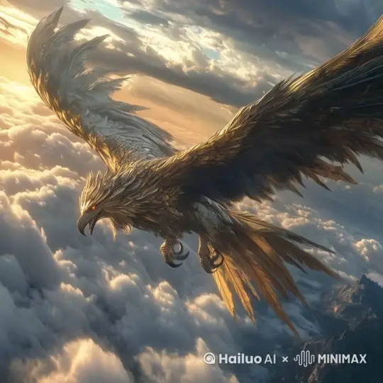 以下是基于描述的提示词，可用于海螺AI生成动画视频：

场景描述：
一个巨大的鹏鸟在广袤无垠的天空中翱翔，背部宽广如同山峦，羽翼展开遮天蔽日，透着金属般的光泽。鹏鸟的每一次翅膀振动，都带起强劲的气流，掀动云层。背景是蔚蓝的天空，与远方弥漫的霞光融为一体。鹏鸟低头俯视大地，整个场景呈现出一种苍茫壮丽的气势。

镜头描述：
	1.	开场镜头： 从远处慢慢推进，展现鹏鸟巨大的身影在天空中翱翔，镜头缓缓拉近，强调其背部的宽广和威严。
	2.	特写镜头： 聚焦鹏鸟展开的翅膀，羽毛细节闪烁光辉，每一根羽毛都带着力量感。
	3.	俯视镜头： 从鹏鸟的背后拍摄，大地景色逐渐模糊，突出鹏鸟的庞大和天空的广阔。
	4.	动态镜头： 镜头跟随鹏鸟的动作上下摆动，展现其翅膀的律动和飞翔时的震撼气势。
	5.	收尾镜头： 镜头逐渐拉远，鹏鸟融入天际，留下它的身影消失在霞光之中。
 by Hailuo AI Video Generator