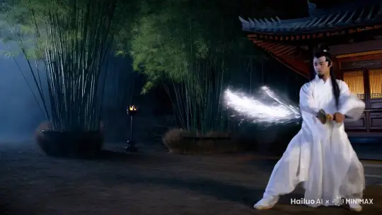 李白身着飘逸的白色长袍，在朦胧的月色下舞动着长剑。他的动作优雅而有力，剑光在夜色中划出一道道银光，如同流星划过夜空。背景是一座古朴的亭台，周围环绕着苍翠的竹林，竹叶在微风中轻轻摇曳，沙沙作响。摄像机以李白为中心，缓缓旋转，捕捉他每一个灵动的剑招和飘逸的身姿。剑锋在月光下闪烁着寒光，李白的长发随着剑舞飞扬，他的眼神坚定而深邃，仿佛在剑舞中寻找着诗意的灵感。整个场景充满了古典的美感和武侠的豪情，营造出一种超凡脱俗的氛围。 by Hailuo AI Video Generator