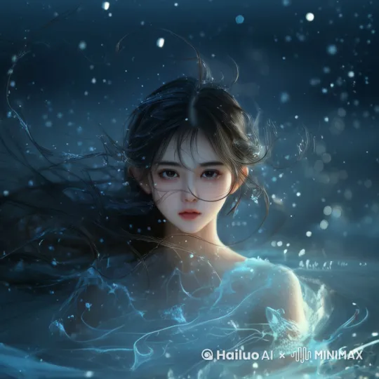 发丝在随风飘动，周围的水珠逆时针慢慢旋转 by Hailuo AI Video Generator