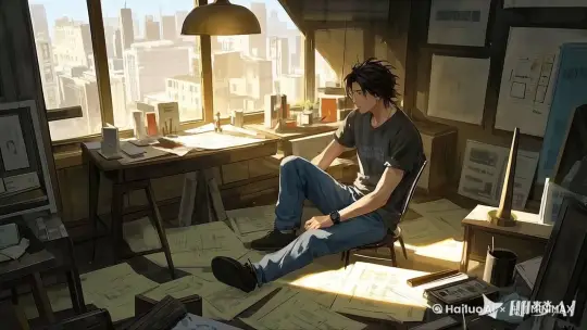 画面：在一间布置简单的设计师工作室里（全景，拍摄地点：设计师工作室），一位头发有些凌乱、面容略显疲惫但眼神坚毅的设计师坐在其中。阳光透过窗户洒在他身上，形成明暗对比，凸显其孤独与沉思。周围堆满设计图纸和模型，部分图纸散落地面，给人杂乱却充满故事之感。他缓缓抬头，望向窗外繁华城市景色，陷入深深回忆，开始讲述自身经历。
AI 绘画提示词：简单布置的设计师工作室，阳光暖照，设计师孤独沉思形象，周围堆满图纸模型，杂乱场景，光影效果自然，暖色调为主，画面质量高，细节丰富，最佳质量，高分辨率，杰作，8K，超细节。 by Hailuo AI Video Generator