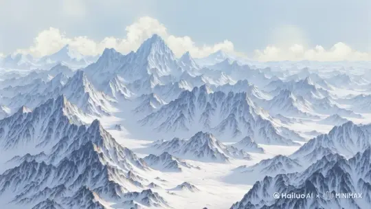 山峰隆起，大陆上升，山峰上白雪皑皑，云雾缭绕，喜马拉雅，青藏高原，镜头往前推，平视 by Hailuo AI Video Generator