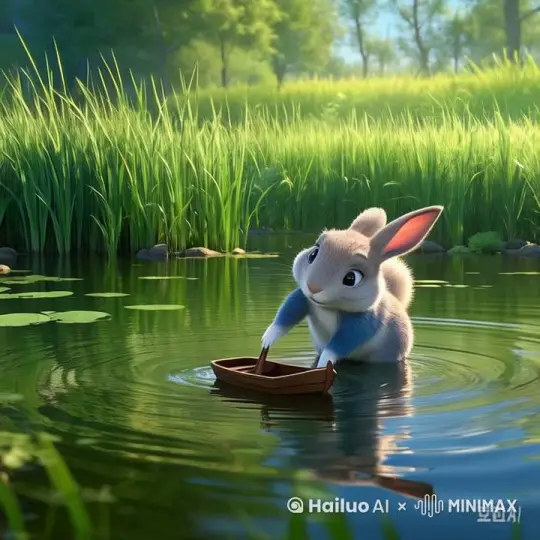 微风吹拂，兔子站着用手指推船，水面泛起涟漪。 by Hailuo AI Video Generator