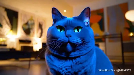 蓝色的胖猫人在说话 by Hailuo AI Video Generator