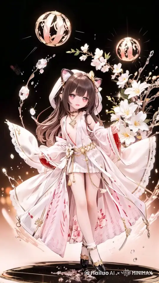 少女翩翩起舞，跳着优雅的舞蹈，她头上空的两个球自转，并做着圆周运动，少女的衣服被风吹动着轻轻摇曳 by Hailuo AI Video Generator