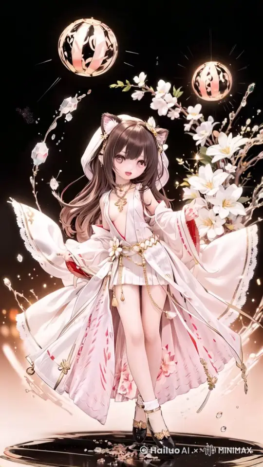 少女翩翩起舞，跳着优雅的舞蹈，她头上空的两个球自转，并做着圆周运动，少女的衣服被风吹动着轻轻摇曳 by Hailuo AI Video Generator