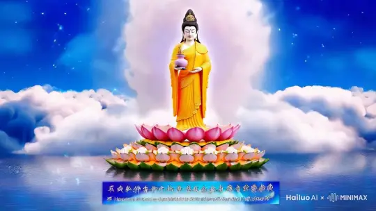 ### 画面1：观音显圣

#### 时长：0:00-0:05
- **时长分析**：该片段时长为5秒，属于开场引子，用于奠定整个场景的基调，营造出神圣、庄严的氛围。

#### 景别：全景
- **景别分析**：全景能够展示出观音菩萨从出现到显圣的整个过程，让观众感受到一种宏大、庄严的氛围。同时，全景也能让观众更好地欣赏到特效合成的场景细节。

#### 画面：蓝天白云间，观音菩萨脚踏莲花宝座，手持净瓶、柳枝，宝相庄严，在祥云中缓缓现身。
- **画面分析**：
  - **背景**：蓝天白云作为背景，象征着纯洁、神圣和宁静，为观音菩萨的显圣提供了完美的舞台。
  - **主体**：观音菩萨脚踏莲花宝座，手持净瓶、柳枝，象征着慈悲、智慧和救度众生。莲花宝座代表着纯洁和超脱，净瓶和柳枝则象征着观音菩萨的慈悲和救度。
  - **动作**：观音菩萨在祥云中缓缓现身，表现出一种神秘和庄严的氛围，同时也让观众感受到一种神圣的力量。
  - **特效**：通过特效合成，观音菩萨的显圣过程会更加逼真和震撼，增强观众的视觉体验。

#### 台词：“观自在菩萨，行深般若波罗蜜多时，照见五蕴皆空，度一切苦厄。”
- **台词分析**：
  - **内容**：这段台词出自《心经》，是佛教经典中的重要内容，表达了观音菩萨的智慧和慈悲。
  - **作用**：这段台词不仅点明了观音菩萨的身份和境界，也为整个场景增添了浓厚的宗教和文化氛围。
  - **语气**：台词应以庄重、平和的语气念出，以增强场景的庄严和神圣感。

#### 音乐/音效：悠扬的梵音
- **音乐/音效分析**：
  - **音乐**：悠扬的梵音是佛教音乐中的一种，具有宁静、祥和、神秘的特点，能够很好地营造出神圣、庄严的氛围。
  - **音效**：可以加入一些轻微的风声、云雾流动的声音等自然音效，以增强场景的真实感和沉浸感。

#### 拍摄地点：特效合成
- **拍摄地点分析**：
  - **实际拍摄**：由于观音菩萨显圣的场景难以在现实中实现，因此需要通过特效合成来完成。
  - **特效合成**：通过现代科技手段，可以将蓝天白云、祥云、莲花宝座等元素进行合成，创造出一个逼真、震撼的观音显圣场景。

### 总结
画面1：观音显圣通过全景、特效合成、悠扬的梵音和庄重的台词，成功地营造出一个神圣、庄严的宗教氛围，为整个作品奠定了基调。 by Hailuo AI Video Generator
