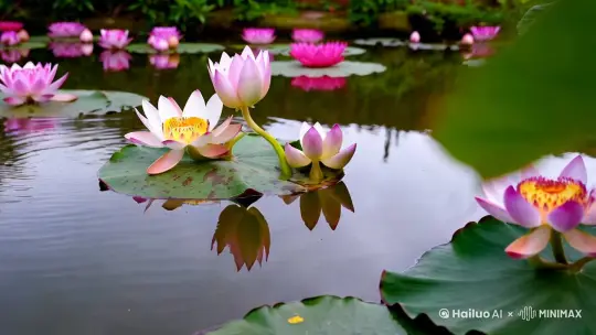 池塘荷花留白，有一处开了一株并蹄莲格外显眼 by Hailuo AI Video Generator