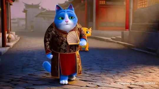 一只古风小生的蓝色动漫可爱胖猫走在古代的大街上穿着文质彬彬的古装用着国潮包装的扇子在扇风，迎面走来了一只可可爱爱的黄色小奶龙在娇羞的看着蓝色胖猫 by Hailuo AI Video Generator