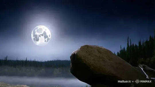 月夜，森林中，一块突出的巨石，巨石背景是一轮满月。巨狼走上巨石，身影刚好映在满月之中，形成一匹狼的剪影，狼蹲下，仰天长啸。巨石周围是朦朦胧的森林。环绕运镜，大全景。 by Hailuo AI Video Generator
