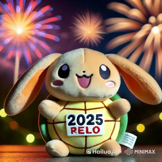 玩偶挥手发出金色光芒，光芒化作“2025”环绕飞舞，RELO开心转圈，星星随着旋转上升形成星环 by Hailuo AI Video Generator