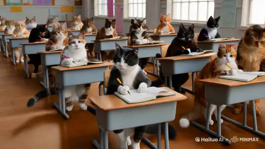 一群猫在课室里面认真读书写作业 by Hailuo AI Video Generator