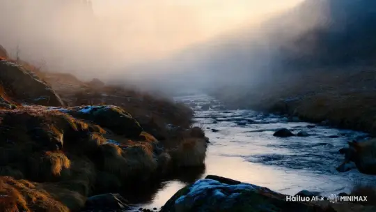 冬天早晨，晨曦朦胧，小溪在山间弯曲流淌，雾气缭绕。一匹硕大的头狼走向溪旁，低头喝水，长镜头，慢动作。 by Hailuo AI Video Generator