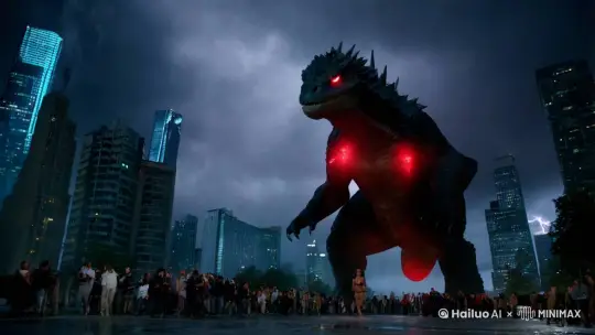 狂风暴雨夜，乌托邦城（环境）。第 1 - 2 秒，哥斯拉现身摩天楼间（主体），红眼血光，鳞片寒光（主体细节），闪电照亮，市民惊慌（陪体）。采用仰拍（视角），展现其巨大（景别）。第 3 - 4 秒，直升机盘旋（陪体），泳装女郎出现（主体），动作敏捷冲向哥斯拉（运动），光影交错（光影），紧张氛围弥漫（氛围）。镜头推近（运镜）。第 5 - 6 秒，女郎与哥斯拉激战（运动），城市建筑为背景（陪体）。色彩风格偏暗冷（色彩风格），类似希区柯克悬疑风格（风格化）。 by Hailuo AI Video Generator