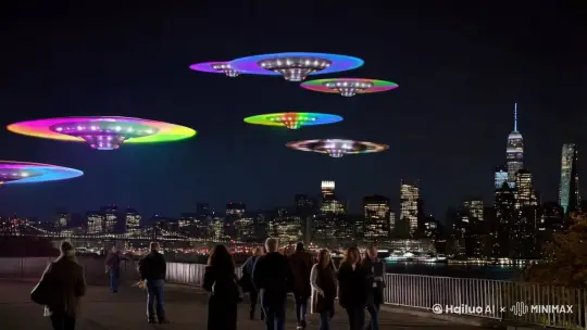 许多UFO在美国新泽西城市上空出现，它们在夜空中飞行、发出五颜六色的光芒，让地面上的行人纷纷驻足观看，发出惊叹 by Hailuo AI Video Generator