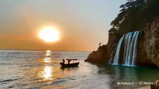画面中夕阳微落，阳光洒在海面上，波光粼粼，旁边的悬崖上留着瀑布，有飞流直下3千尺之资，其中有一艘小船，船上有一个渔夫，轻轻晃着杖，那一刻，中国人才懂得意境，便诞生了 by Hailuo AI Video Generator