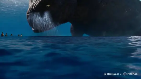 海底，一只巨大的怪兽从海面升起，恐怖的眼神直视着人 by Hailuo AI Video Generator