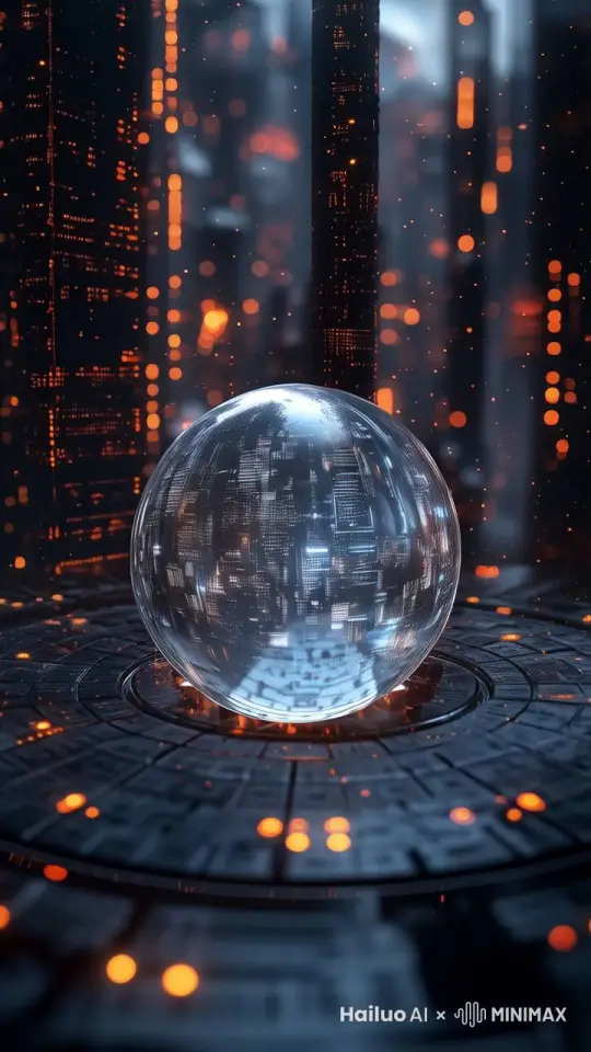 Hyper-detailed crystalline sphere with bioluminescent neural networks, orange and cyan energy patterns, volumetric lighting, ultra-high definition glass material, dynamic particle systems, abstract network connections glowing from within，Neural networks intensifying and pulsing with energy, geometric patterns morphing and flowing across sphere surface, electric synapses firing in rhythmic waves, fractal growth patterns, 3D depth parallax effect, ray-traced reflections，Neural patterns gradually forming into glowing number '2025', each number emerging from energy streams, particle effects transitioning between neural networks and typography, holographic glass material, depth of field blur by Hailuo AI Video Generator