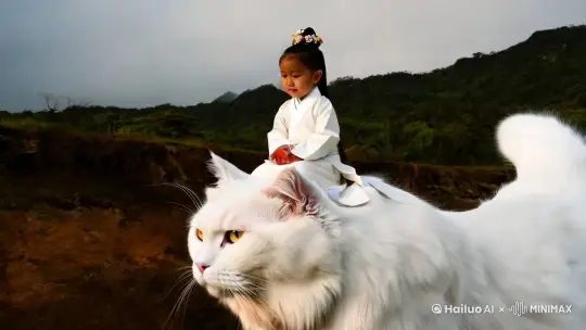 一个东方小女孩穿着一身白色古装，骑在一只白色的大猫的后背上，白猫体型巨大，面对镜头。要求，体现白猫的体型同时也要把小女孩的比例体现出来。 by Hailuo AI Video Generator