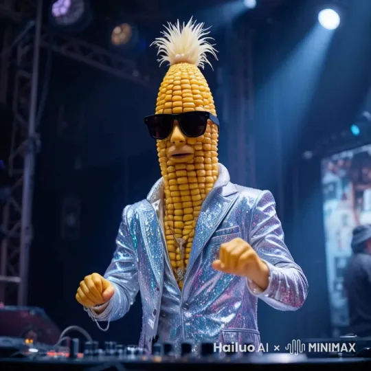 the corn move his head from left to right, and his hands from up to the down,the background light also move and changes light colors like the bar by Hailuo AI Video Generator