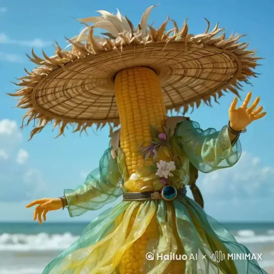 玉米在沙滩上跳草裙舞，镜头由近及远，再由远及近 by Hailuo AI Video Generator