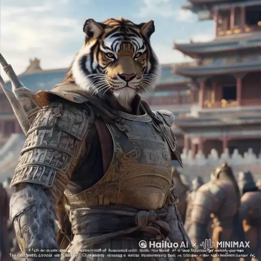 主体是虎战士，背景是繁华的长安城，拍摄镜头围绕虎战士一边旋转一边上升，最后变成超远景镜头俯拍俯瞰整个长安城 by Hailuo AI Video Generator