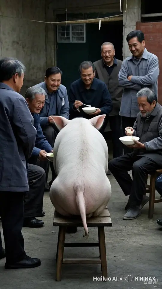 猪腾空旋转飞起来，头向上屁股在下，放了一个大屁，烟雾般的屁喷向所有的人，镜头移动动态跟随，人们捂住鼻子躲避，扔掉碗。 by Hailuo AI Video Generator