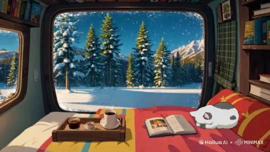 温暖的房间，窗外下着雪 by Hailuo AI Video Generator