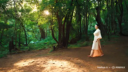 中国性感美女赤脚缓慢走在茂密的森林里，镜头跟随美女，画面明亮鲜艳，氛围温馨 by Hailuo AI Video Generator