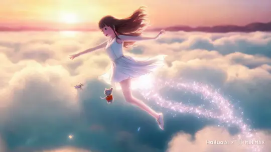 A young, spirited anime girl with long, flowing hair, wearing a simple, elegant dress that flows in the wind. She glides gracefully through the sky with arms outstretched, surrounded by a trail of glowing, magical particles. Her hair and dress billow gently in the wind as she floats effortlessly among the clouds. The environment is a vast, open sky with fluffy, white clouds and a distant horizon with a beautiful sunset. Soft, pastel colors and a hand-drawn, anime aesthetic with detailed backgrounds create a whimsical, dreamlike quality. A sense of freedom and joy fills the scene, with a gentle, uplifting melody playing in the background. A small, adorable creature flies alongside her, adding to the magical, enchanting atmosphere. by Hailuo AI Video Generator