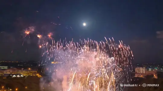 在2024年与2025年之间，一束束烟花赫然升起，在美丽的月光下，烟花绽放！我们跨越了2024年，到了新的一年！ by Hailuo AI Video Generator