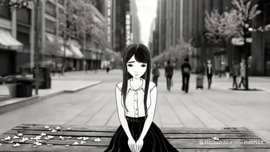 主体/场景：孤独的女主角坐在城市街头
场景描述：女主坐在一座空荡的城市长椅上，低头看着地面，神情落寞，手边散落着几片樱花花瓣。
环境描述：周围是一片灰白色的街道，高楼模糊成简单的线条，背景行人是静止的黑白剪影，画面充满孤寂感。
艺术风格/媒介：单色手绘风格，线条简洁带颗粒感，略带静态动画质感。 by Hailuo AI Video Generator