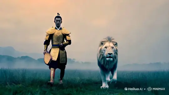 一个翩翩男子将军，身穿黄金铠甲，手持方天画戟站在一只体型巨大的白狮身旁，男子面向镜头行走，白狮体型巨大在行走，背景是一片绿油油草原背景大雾弥漫，灰暗，灰色调，废土风格，低饱和度，低镜头仰拍镜头，近距离特写镜头，侘寂风格，东方美学，青橙色调，大师杰作，长焦摄影，超清写实摄影，超清8K，极简风格，超高细节 by Hailuo AI Video Generator