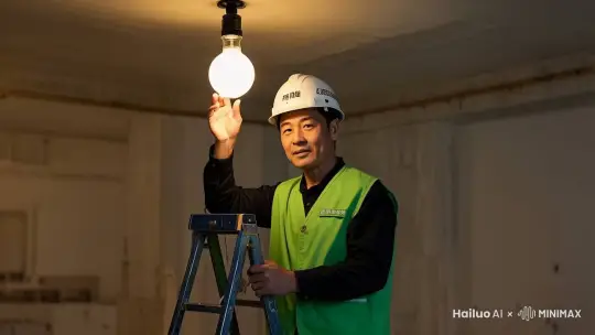 中心构图。中国工人修灯泡（男性，成年，绿马甲，专注）温暖真实氛围，写真风格。，电影质感
 by Hailuo AI Video Generator
