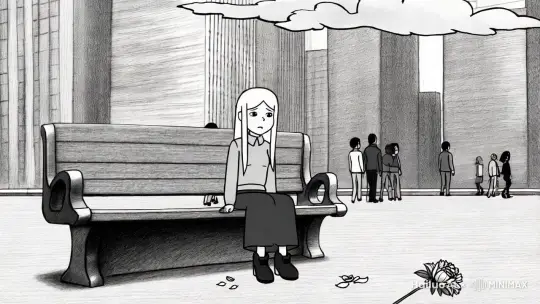 主体/场景：孤独的女主角坐在城市街头
场景描述：女主坐在一座空荡的长椅上，低头看着地面，神情落寞，手边散落着几片花瓣。
环境描述：周围是一片灰白色的街道，高楼模糊成简单的线条，背景行人是静止的黑白剪影，画面充满孤寂感。
艺术风格/媒介：单色彩色铅笔手绘风格，线条简洁带颗粒感，略带静态动画质感。
镜头：黑白手绘线稿风格，静态慢拉镜头，从天空中的一片云逐渐下降，切入女主坐在空旷城市长椅上的画面。
情感：冷清、孤独，配合前奏营造一种无声的压抑感。
动态细节：风吹过，几片花瓣飘落，缓缓停在地上。 by Hailuo AI Video Generator