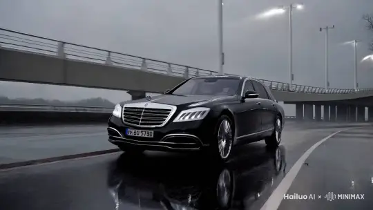 邁巴赫s680普爾曼在下暴雨的高架橋上飛速行馳 by Hailuo AI Video Generator