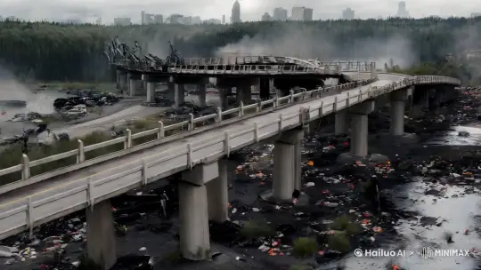 这是一座被核战争摧毁的城市，塌落的立交桥、燃烧着的废弃车辆，以及已经化为灰烬的树林，镜头缓缓从左向右旋转，展现出被污染的湖泊，地上和河里时不时有几只变异生物出现，表现出核战争后的满目疮痍的感觉，战争 城市废墟 荒芜 幸存 乱世 末日 昏天暗地 绝望 马路很多废墟 垃圾 脏乱差天空乌云密布 4K高清 建筑物破旧不堪 导出都是浓烟着火 城市街道内景 by Hailuo AI Video Generator