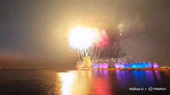 夜幕低垂，无垠的海面仿若一块巨大的墨玉，静谧而深邃。刹那间，一声震耳欲聋的轰鸣打破了这份寂静，一枚巨型烟花如离弦之箭从海边高台迅猛升空，刹那间在高空炸开，璀璨的金色光辉如银河的倒泻，将海面映照得金光粼粼。五彩斑斓的烟花竞相绽放，有的如层层叠叠盛开的巨型繁花，粉色、紫色、蓝色相互交织，似梦幻花海倾覆苍穹；周身环绕着繁星般的亮点，于云海间肆意车，飞速旋转搅起光影漩涡。最终，一场盛大穿梭。一组烟花似孔雀展屏，横跨天际，绿色如翠玉，红色若火焰，蓝色像宝石，每一根羽翎都散发着迷人光彩。而后，烟花不断变幻，时而成巨的烟花雨纷扬洒落，无数细小烟花如雪花飘数字2025，边缘柔光闪烁飘向夜空，时而变彩色风车，飞速旋转搅起光影漩涡。 by Hailuo AI Video Generator