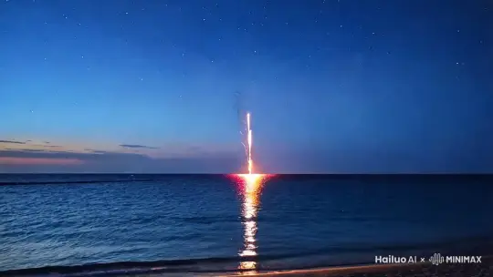 大海边，一个缓缓上升的烟花，烟花五颜六色，非常绚丽夺目，烟花小时以后，形成了一个2025数字 by Hailuo AI Video Generator