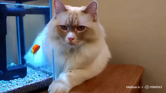 一只白色布偶猫在鱼缸旁好奇看着，并且用爪子碰了碰鱼缸 by Hailuo AI Video Generator
