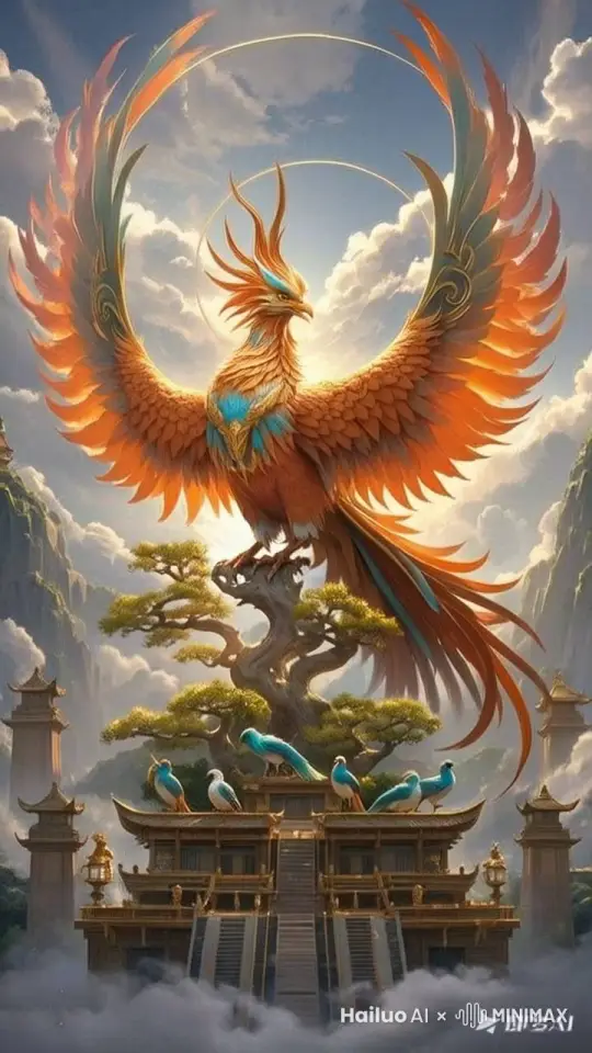 凤凰张开着它的双翼，抖动着羽毛，头顶上光束也开始闪光，周边的烟雾缭绕升起，天空中的白云慢慢移动着，百鸟们欢快地跳跃着，叽喳着 by Hailuo AI Video Generator