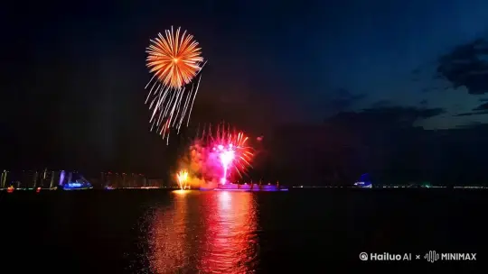 夜幕低垂，无垠的海面仿若一块巨大的墨玉，一枚巨型烟花如离弦之箭从海边高台迅猛升空，刹那间在高空炸开，璀璨的金色光辉如银河的倒泻，将海面映照得金光粼粼。五彩斑斓的烟花竞相绽放，有的如层层叠叠盛开的巨型繁花，粉色、紫色、蓝色相互交织，似梦幻花海倾覆苍穹；一组烟花似孔雀展屏，横跨天际，绿色如翠玉，红色若火焰，蓝色像宝石，每一根羽翎都散发着迷人光彩。最后，烟花定格后形成文字：小冰冰2025新年快乐，边缘柔光闪烁。 by Hailuo AI Video Generator