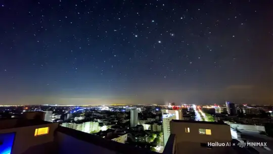 镜号	景别	时长	画面	音效	拍摄地点
1	全景	4s	夜空，繁星闪烁，城市灯光璀璨，平静祥和。	城市夜晚的嘈杂声，轻微的风声	城市高楼天台
 by Hailuo AI Video Generator