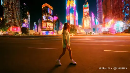 女孩，从2024年跨越到2025年，背景为喧闹的城市， by Hailuo AI Video Generator