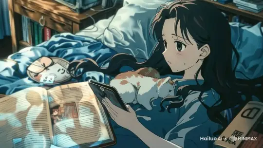 图片中的女孩看了看手机，躺下，手机放在胸前，然后猫咪起身躺在另一边，女孩表情凝重 by Hailuo AI Video Generator